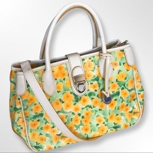 Dooney Bourke Petunia Floral Satchel Tote Bag White Leather Coated Canvas Purse